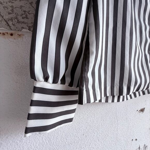 Vtg 70s Puff Sleeve Blouse Striped Button Up Shirt Womens M French Girl Classic - Picture 2 of 7